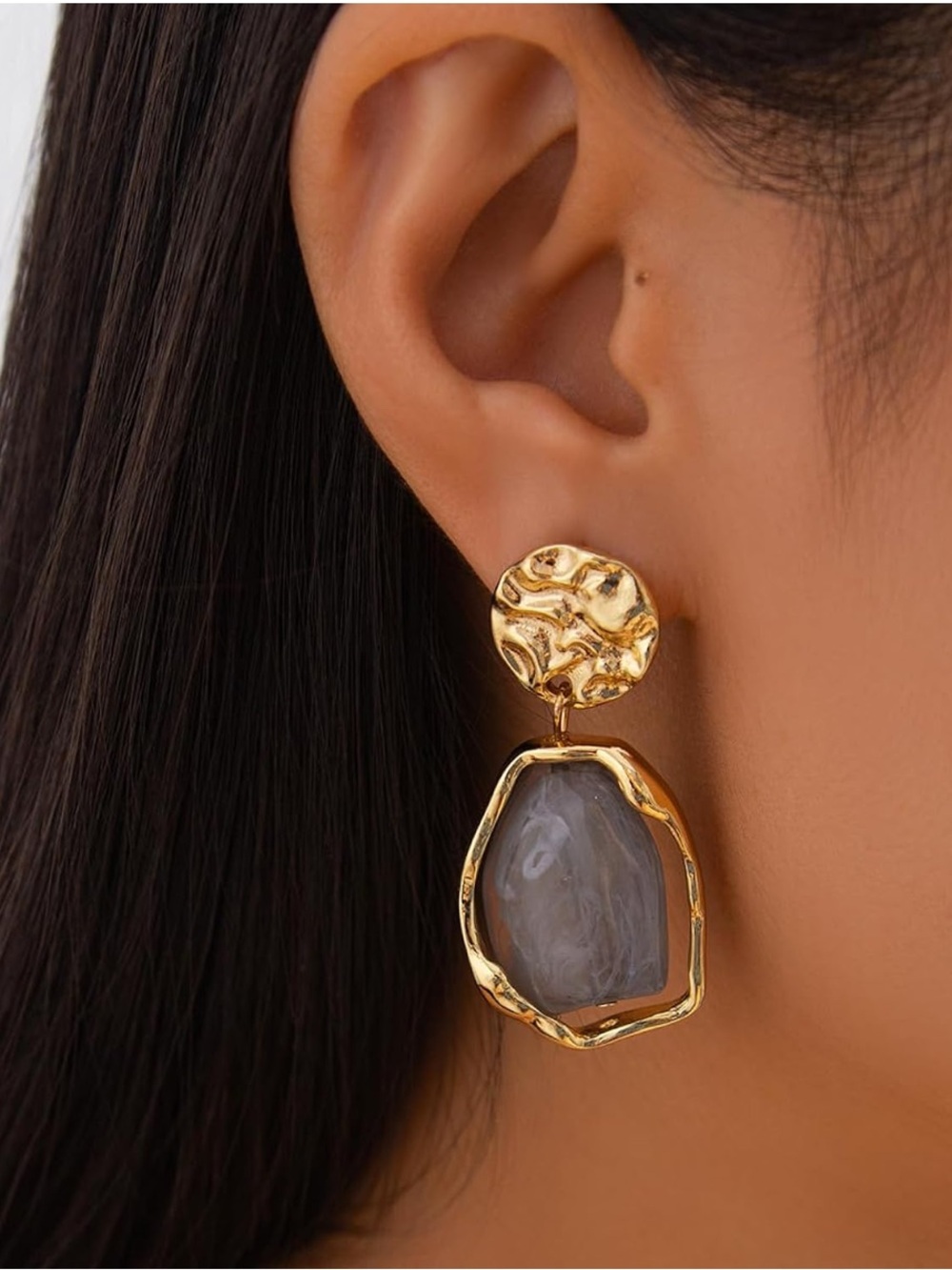 Sculptural Grey Agate Earrings in Rich Gold